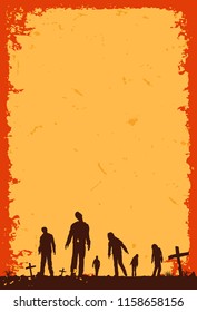 Silhouette of zombies walking at graveyard, Vector Illustration