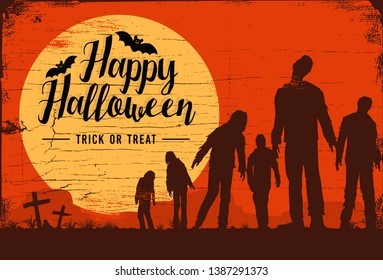 Silhouette of zombies walking at graveyard, Vector Illustration