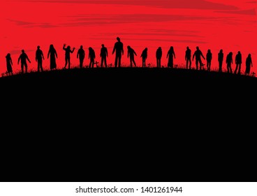 Silhouette of zombies walking at graveyard, Vector Illustration