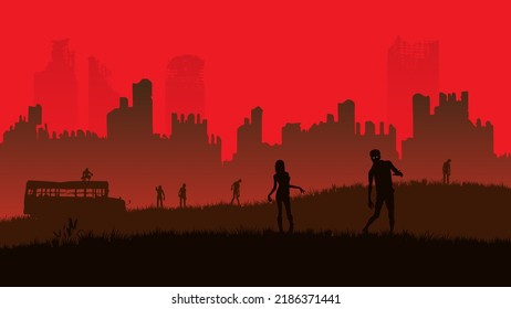 Silhouette zombies walking on ruins city background, Halloween concept illustration vector.