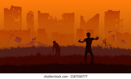 Silhouette Zombies Walking On Ruins City Background, Halloween Concept Illustration Vector.