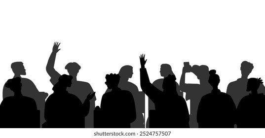 Silhouetted audience in a discussion or meeting setting with raised hands and various postures. Ideal for education, workshops, seminars, conferences, and group dynamics. Black and white, minimalist