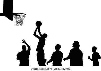 Silhouetted basketball players shoot hoops, a dynamic action scene.