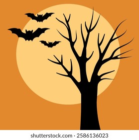 Silhouetted bats flying around a bare tree against a large orange moon in a Halloween-themed vector illustration