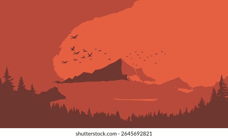 Silhouetted birds fly over majestic mountains during sunset scenic view