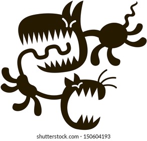 Silhouetted black dog with sharpen teeth running after a very frightened shouting cat and ready to bite its tail
