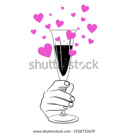 Silhouetted black and white human hand holding glass of sparkling wine surrounded with flying pink heart symbols. Creative festive design for love and happiness.