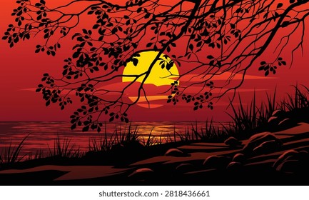 Silhouetted branches frame a blazing setting sun. Ocean mirrors the fiery sky's glow. Rocks and grasses line the tranquil shore. The scene evokes peace and quiet reflection