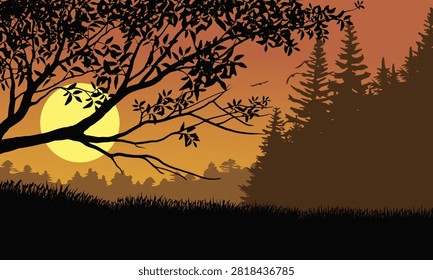 Silhouetted branches frame a golden setting sun. Dense pines stand tall against the warm orange sky. Grass sways gently at the image's base. Sunlight bathes the scene in soft, tranquil hues
