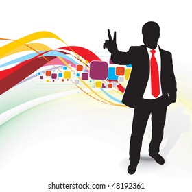 silhouetted of businessman showing Victory sign, symbol for success, vector illustration, No mesh in this Vector