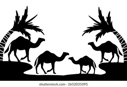 Silhouetted camels journey across the desert landscape at sunset