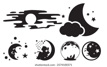 Silhouetted Celestial Dreams, A Collection of Moons, Stars, and Nighttime Fantasies, Featuring a Fairy, Howling Wolves, and Classic Moon Faces