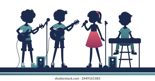 Silhouetted children band performing with guitars, a microphone, and keyboard on a simple blue background, Vector illustration, concept of musical education. Vector illustration