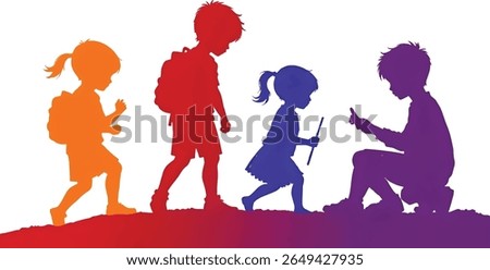 Silhouetted children on an adventure, backpacks and a phone visible. The gradient background adds depth to this image of childhood exploration and friendship.