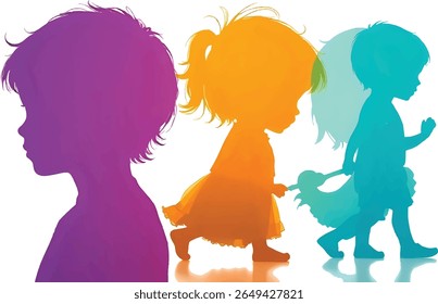 Silhouetted children in vibrant colors walk in a row. The artwork features a purple, orange, and blue child. It's a playful and artistic design. Colorful.