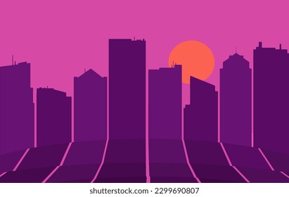 A silhouetted city skyline is seen at sunset casting long shadows.