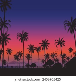 Silhouetted coconut palm trees at the beach with dramatic sky square background vector illustration. Summer traveling and party at the beach concept flat design with blank space.