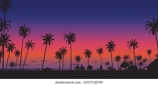 Silhouetted coconut palm trees at the beach with dramatic sky rectangle background vector illustration. Summer traveling and party at the beach concept flat design with blank space.