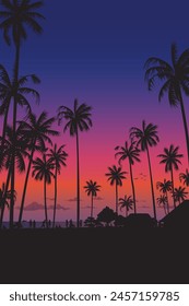 Silhouetted coconut palm trees at the beach with dramatic sky vertical background vector illustration. Summer traveling and party at the beach concept flat design with blank space.