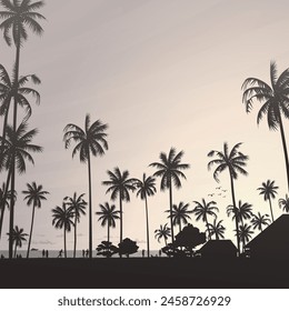 Silhouetted coconut palm trees at the beach with vanilla sky square background vector illustration. Summer traveling and party at the beach concept flat design with blank space.