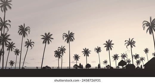 Silhouetted coconut palm trees at the beach with vanilla sky rectangle background vector illustration. Summer traveling and party at the beach concept flat design with blank space.