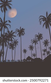 Silhouetted coconut palm trees at the beach with half moon and twilight sky vertical background fade condition graphic illustration.