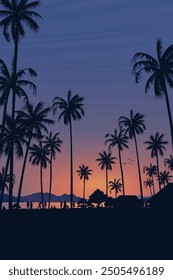 Silhouetted coconut palm trees at the beach with twilight sky vertical background graphic illustration have blank space.