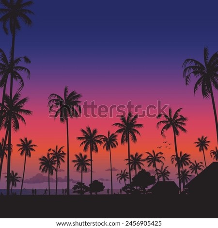 Silhouetted coconut palm trees at the beach with dramatic sky square background vector illustration. Summer traveling and party at the beach concept flat design with blank space.