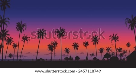 Silhouetted coconut palm trees at the beach with dramatic sky rectangle background vector illustration. Summer traveling and party at the beach concept flat design with blank space.