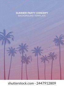 Silhouetted coconut palm trees with dramatic sky vertical background vector illustration. Summer traveling and party at the beach concept flat design with blank space.