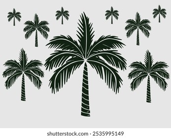 Ilustração de coqueiro silhuetado com folhas de palmeira distintas e um tronco fino, capturando uma sensação tropical. Ideal para projetos com temas de praia, marcas de viagens ou projetos de verão.