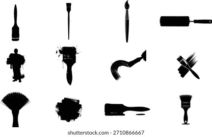 Silhouettierte Sammlung verschiedener Pinselarten und -stile auf weißem Hintergrund