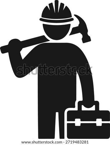 A silhouetted construction worker with a hammer and toolbox illustration