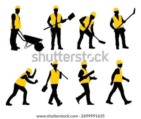 Silhouetted Construction Workers Carrying Equipment and Walking