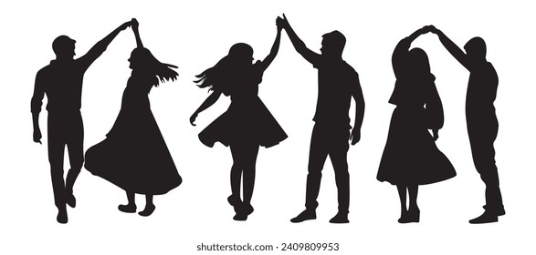 silhouetted couple dance pose, hands up, woman wearing a flowing skirt, male female isolated on white background