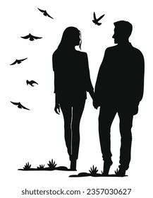 Silhouetted couple holding hands on Valentine's Day, against a white background with birds flying.