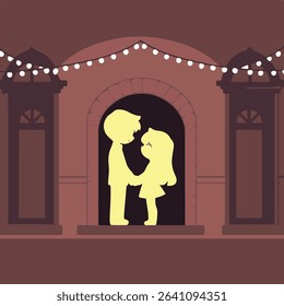 Silhouetted Couple Holding Hands Under String Lights, Romantic Moment