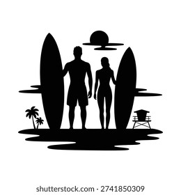 Silhouetted couple with surfboards at sunset overlooking the ocean