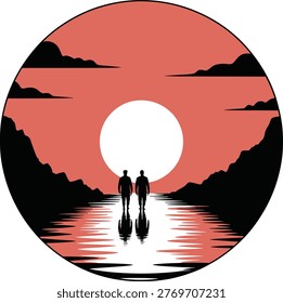 Silhouetted couple walking towards serene sunset over water