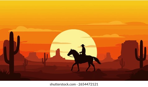Silhuetted Cowboy on Horseback at Sunset in Western Desert Vetor com Cacti e Mesas em tons de gradiente quente