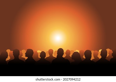 Silhouetted crowd ( audience, fans ) looks black by backlight. Vector banner illustration.