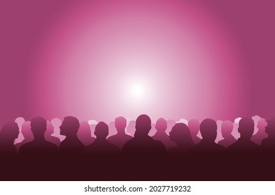 Silhouetted crowd ( audience, fans ) looks black by backlight. Vector banner illustration.