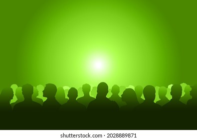 Silhouetted crowd ( audience, fans ) looks black by backlight. Vector banner illustration.