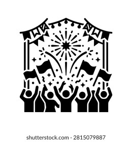 Silhouetted crowd celebrating with arms raised, flags, confetti, and fireworks. Vector graphic representing joy and festivity.