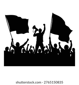 Silhouetted crowd of protesters with flags and a megaphone isolated on transparent background