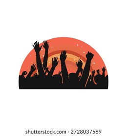 Multitud silueteada con las manos levantadas, escena de celebración de la puesta del sol, energía comunitaria, concierto o ambiente de protesta