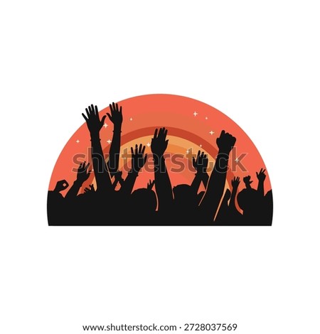 Silhouetted crowd with raised hands, sunset celebration scene, communal energy, concert or protest vibe