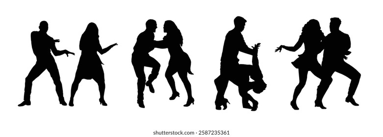 Silhouetted dancers engage in a passionate tango, their movements a vibrant expression of the dance's dramatic intimacy against a stark white background