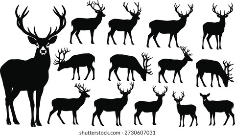 Coleção de cervos silhuetados em várias poses e tamanhos, mostrando galhadas, pastando, andando, representando a vida selvagem e uso de design