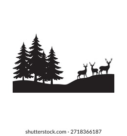 Silhouetted deer and evergreen trees against a dark minimalist background